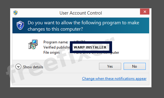 Screenshot where WARP INSTALLER appears as the verified publisher in the UAC dialog